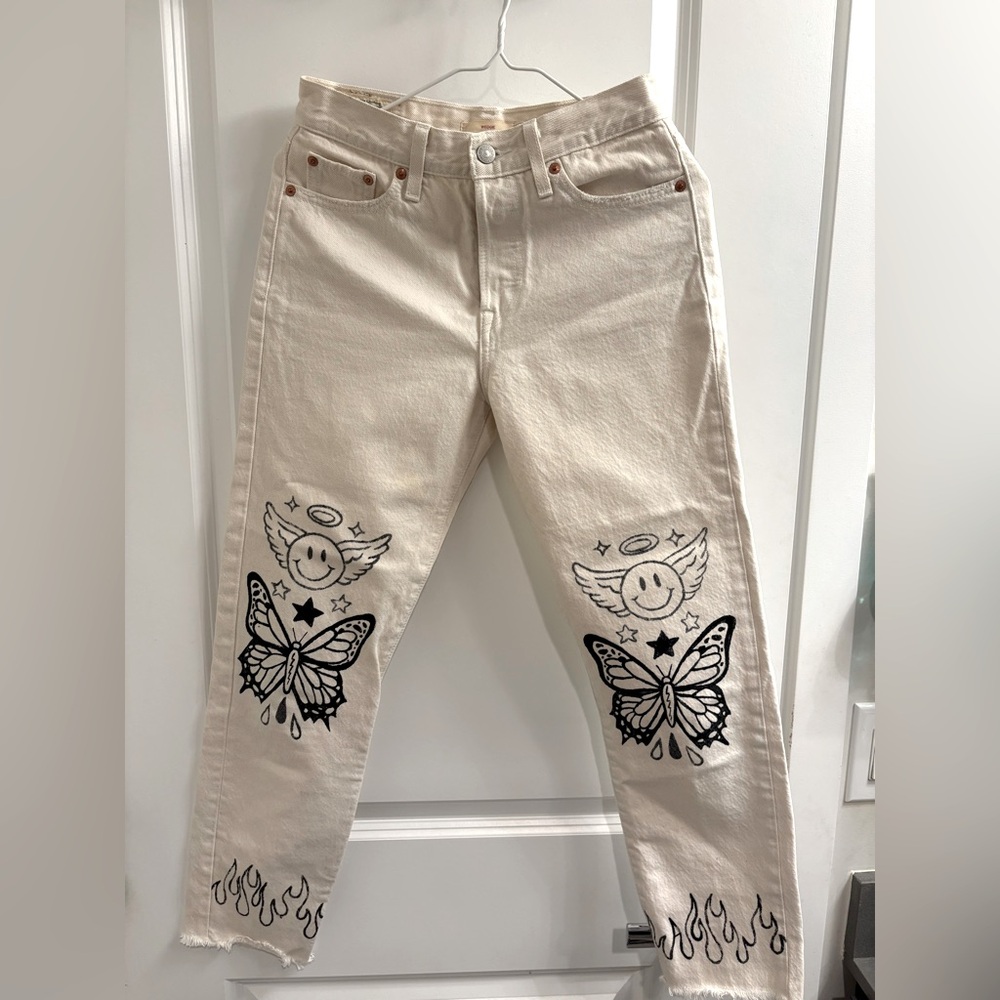 Women’s Cream Custom Graphic Butterfly Flame Jeans *One Of A Kind*